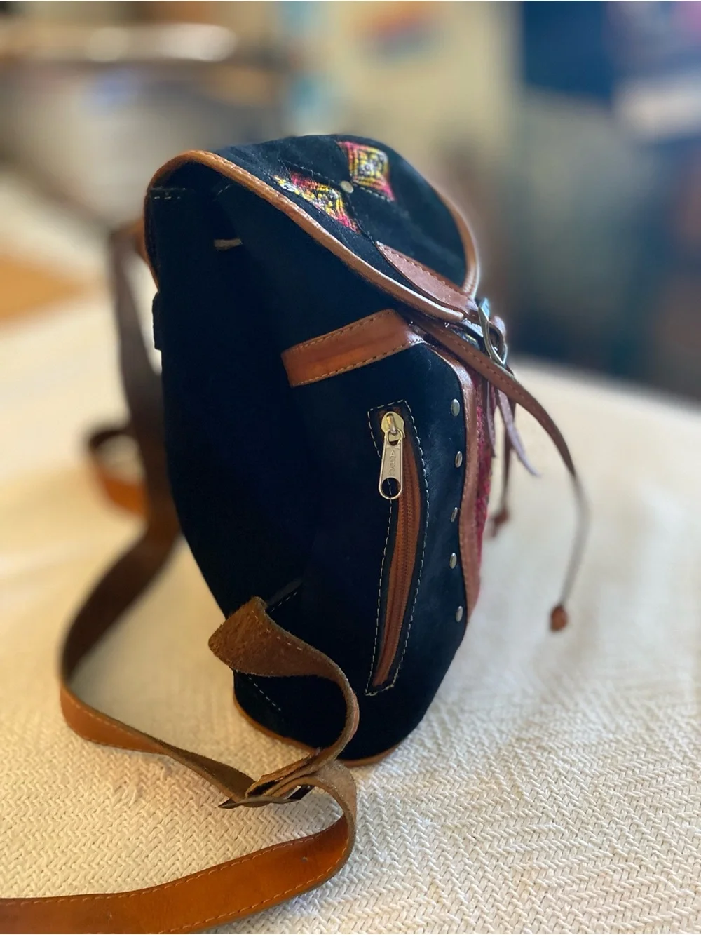 Midsize Black & Brown Embroidered Suede Backpack